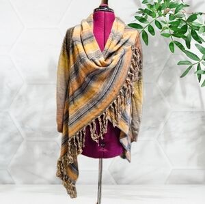 NWT Lovestitch Sweater Shawl Wrap Frindge Stripe Cardigan Browns Cream Tan Black